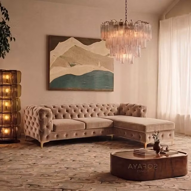 Sofaya Monaco Chesterfield 3 Seater L-Shaped Sofa with Right Hand Chaise in Light Brown Velvet
