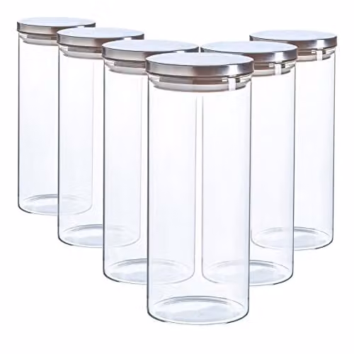 Argon Tableware Scandi Airtight Glass Storage Jars with Metal Lids, 1.5 l, 6 Pack, Silver – 1