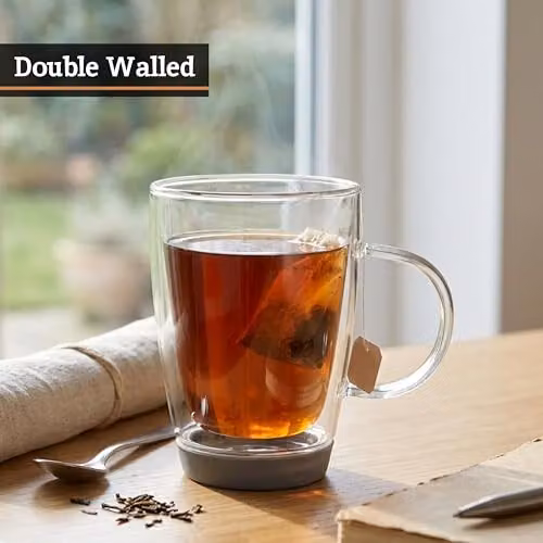 Orsina Double Walled Glass Mug, 350ml, Transparent and Grey with Silicone Base – 3