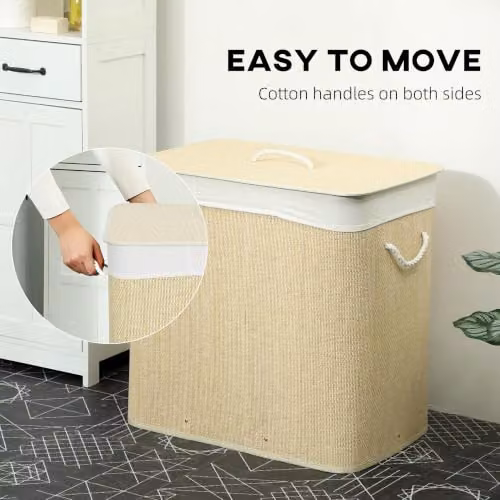 HOMCOM 2 Section Laundry Hamper with Lid and Removable Bags, White – 3