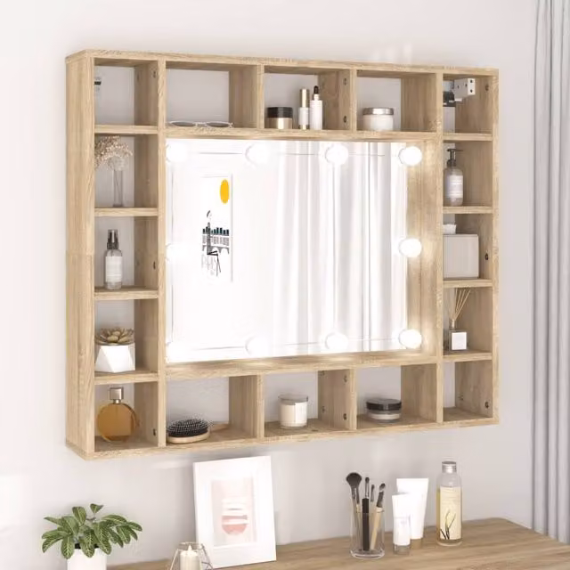 Berkfield Home LED Mirror Cabinet in Sonoma Oak Brown, W/D/H: 91 x 15 x 76.5 cm