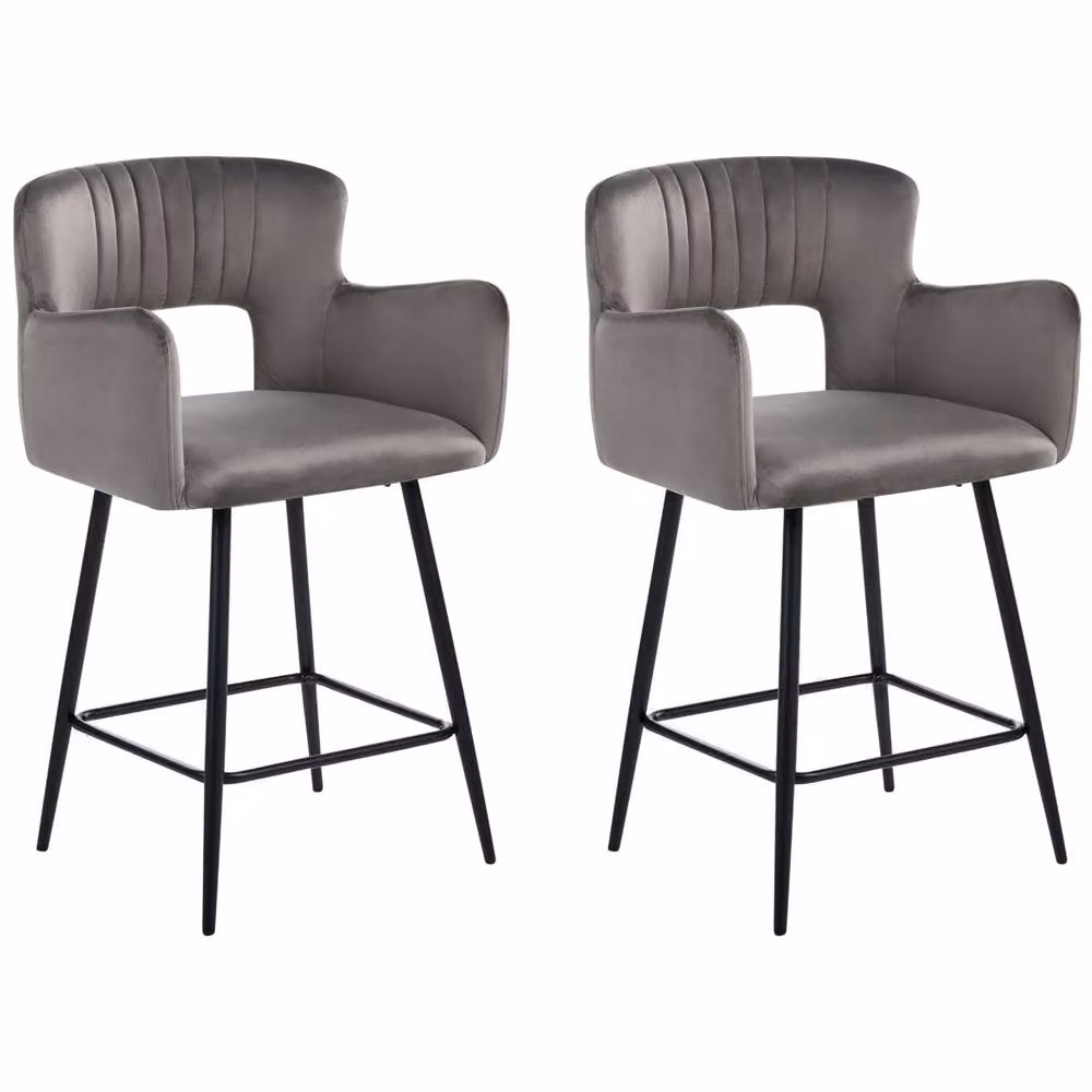 Wyld and Coco Set of 2 Grey Velvet Bar Chairs with Armrests and Cut-Out Back – 2