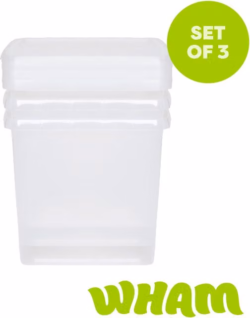 Wham Set of 3 Stackable 14L Square Plastic Storage Boxes with Clip Lock Lids in Transparent Green