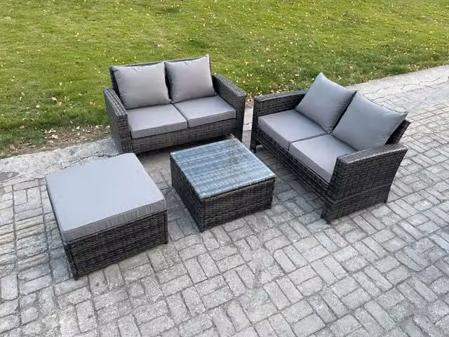 Fimous 4 Piece Grey Rattan Garden Furniture Set with 2 Double Seater Sofas, Coffee Table and Ottoman