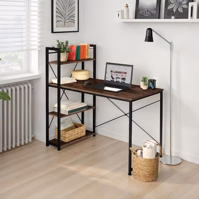 Tectake Hershey W Industrial Computer Desk with Integrated Side Shelf in Black and Brown