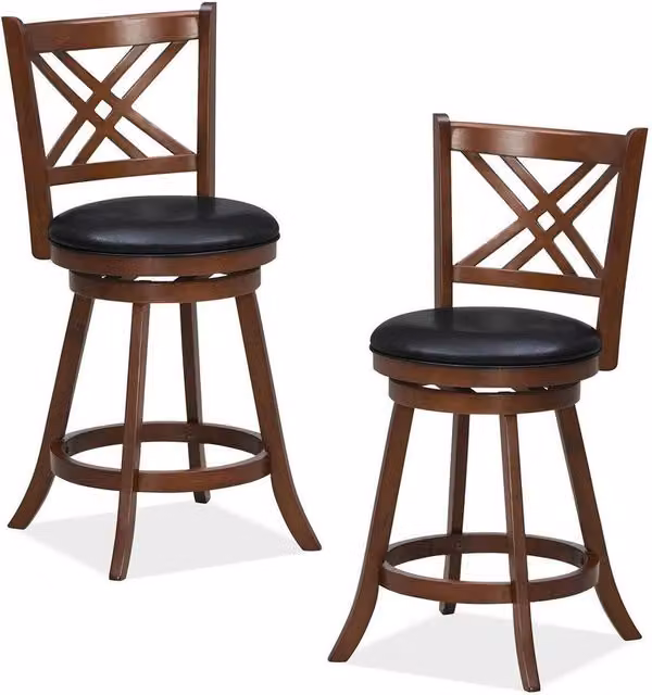 Hinsinc Set of 2 Brown Swivel Upholstered Counter Bar Stools with Synthetic Leather and Rubberwood – 1