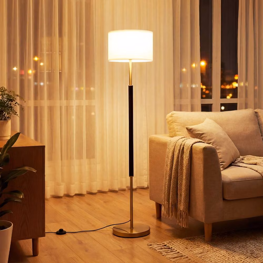 Gymax Modern Gold Floor Lamp with Fabric Cylinder Lampshade and Foot Switch – 5