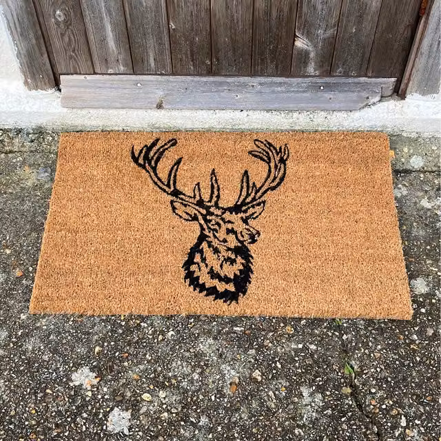 Country House Stag Head Coir Doormat, Brown, Non-Slip and Weatherproof