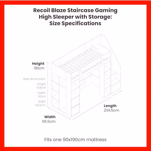 Flair Furnishings Blaze Single Staircase Gaming High Sleeper Bed with Storage and Side Compartments, Black and Red – 2
