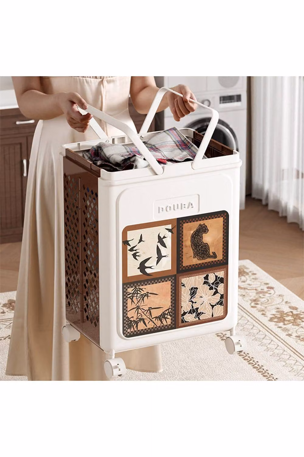 Living and Home Foldable Laundry Basket with Castors in White – 2