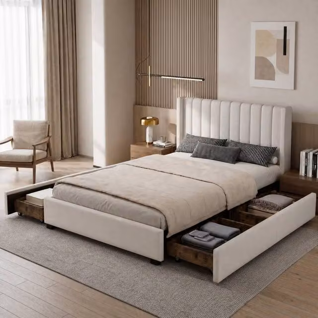 Merax Double Upholstered Storage Bed with 4 Drawers in Beige – 1