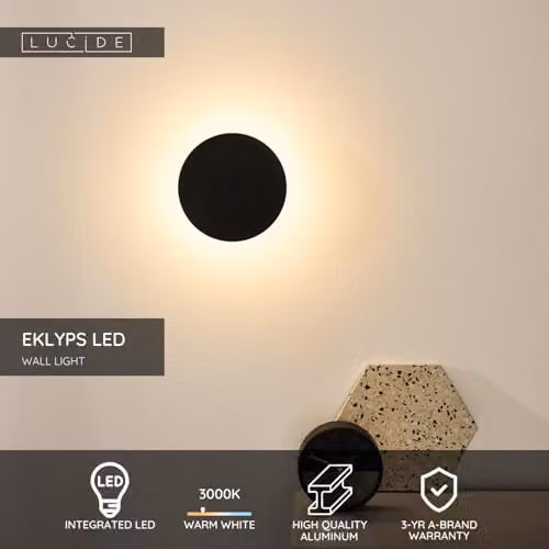 Lucide EKLYPS Modern Round LED Wall Light, Black, Diameter: 15 cm – 2