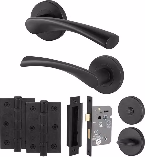 AFIT Matt Black Bathroom Door Handle Rose Set, 1 Pair of Internal Lock Handles, W/D/H: 15.0 x 5.4 x 1.5 cm
