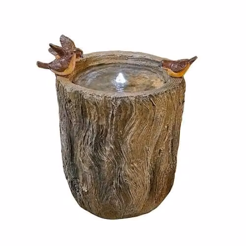 Tranquility Bird on Log Mains Power Tabletop Water Feature in Natural Brown Resin