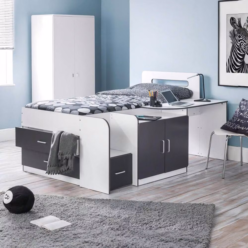 Cheshire Olive Cabin Bed with Wardrobe, Drawers and Stairs, Single, White, Green and Multicolour, W/D/H: 90 x 200 cm – 3