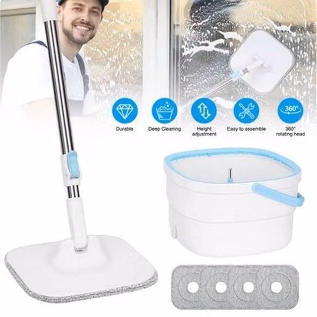 NESTLUNE Spin Mop and Bucket Set with Squeeze Wringer, White, H: 100 cm, W: 15 cm, D: 30 cm