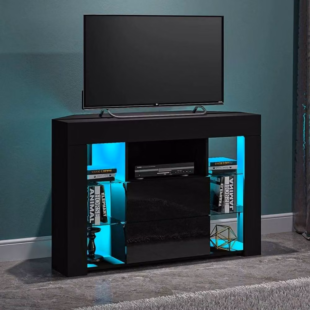FORGEVIO Black Modern Corner TV Unit Stand with Integrated Lighting – 2