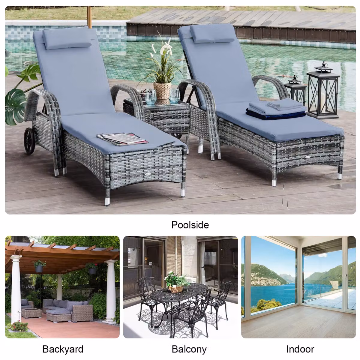 Outsunny 3 Piece Brown Polyrattan Sun Lounger Recliner Set with Side Table and Weatherproof Cushions – 6
