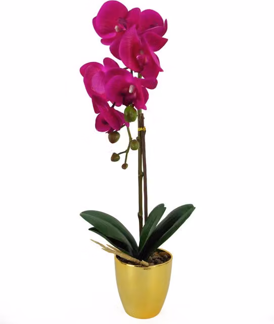 Artificial Potted Orchid with Pink and Gold Leaves for Tabletop Display