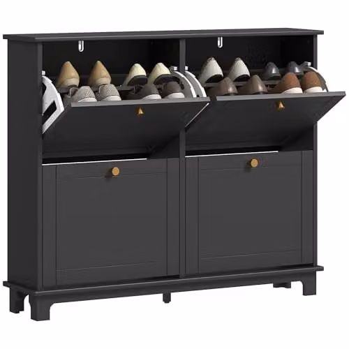 HOMCOM Modern Narrow Shoe Storage Cabinet with Tilting Compartments and Internal Shelves, Black and Gold