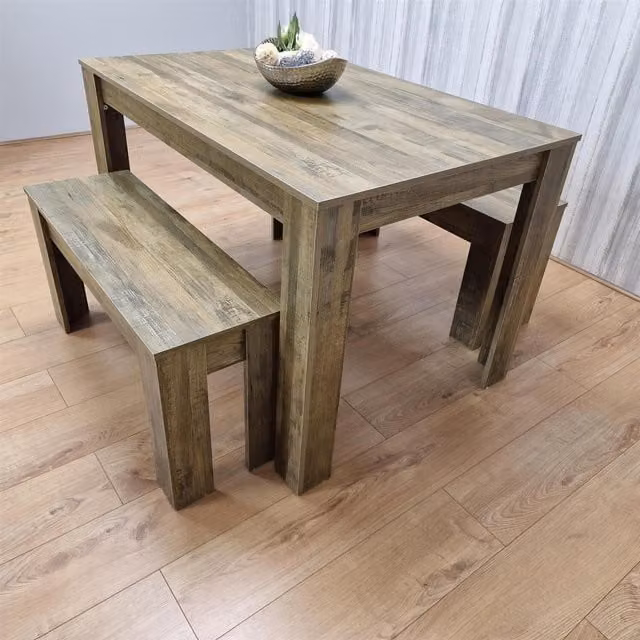 Kosy Koala Rustic Brown Rectangular Dining Table Set with Two Benches