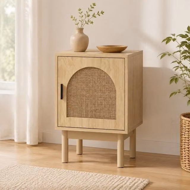 STILVORA Modern Bedside Table with Rattan and Wood Design in Brown