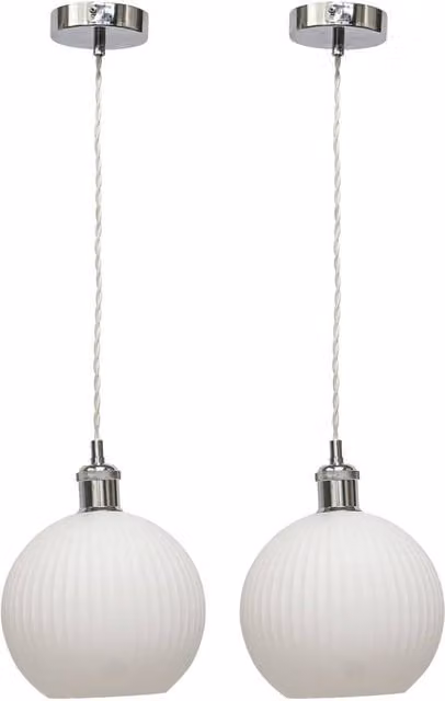First Choice Lighting Betchley Set of 2 Retro Pendant Lights with White Ribbed Glass Globes and Chrome Finish – 1