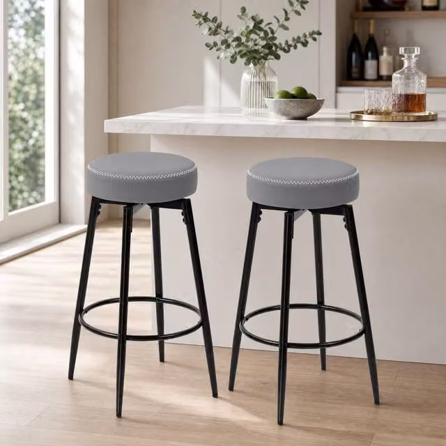 STILVORA Set of 2 Grey Faux Leather Swivel Bar Stools with Metal Base