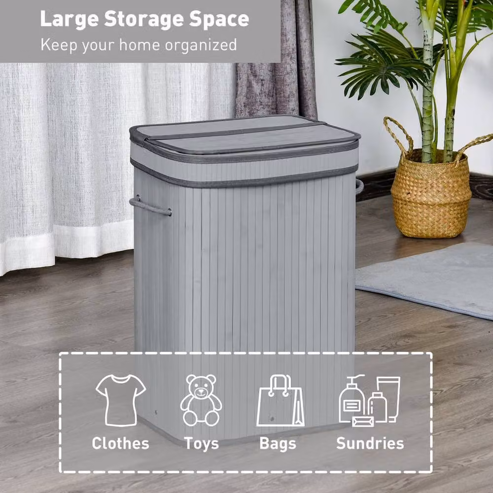 KORVIXA Wooden Laundry Basket with Lid and Removable Bag, Grey, W: 52 cm, D: 32 cm, H: 63 cm – 2