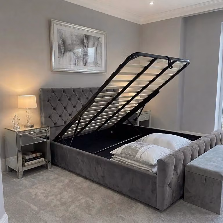 BEDS NK LTD Florida Upholstered Velvet Bed Frame with Lift Up Base in Grey