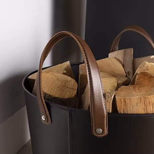 Charles Bentley Black Log Bucket with Leather Handles, W/D/H: 36 x 45 x 45 cm – 2