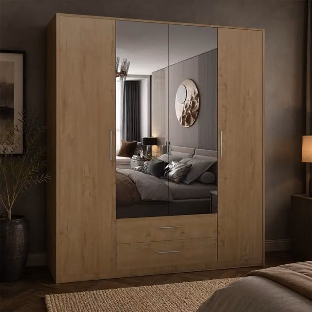 Swindon Oak 4 Door Wardrobe with Mirrors and 2 Drawers in Brown, W: 180 cm