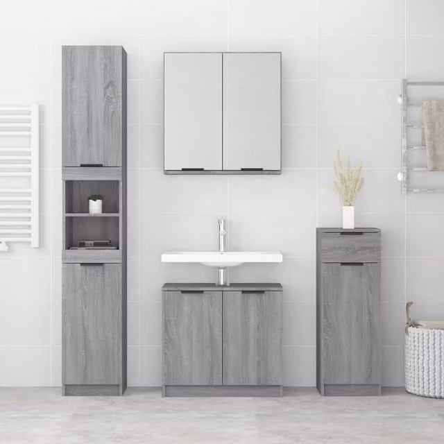 Berkfield Home 4 Piece Modern Grey Bathroom Cabinet Set with LED Lighting and Mirror – 1