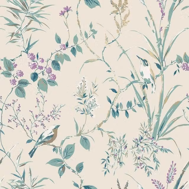 Crown Mariko Bird Botanical Floral Wallpaper in Beige and Multicolour