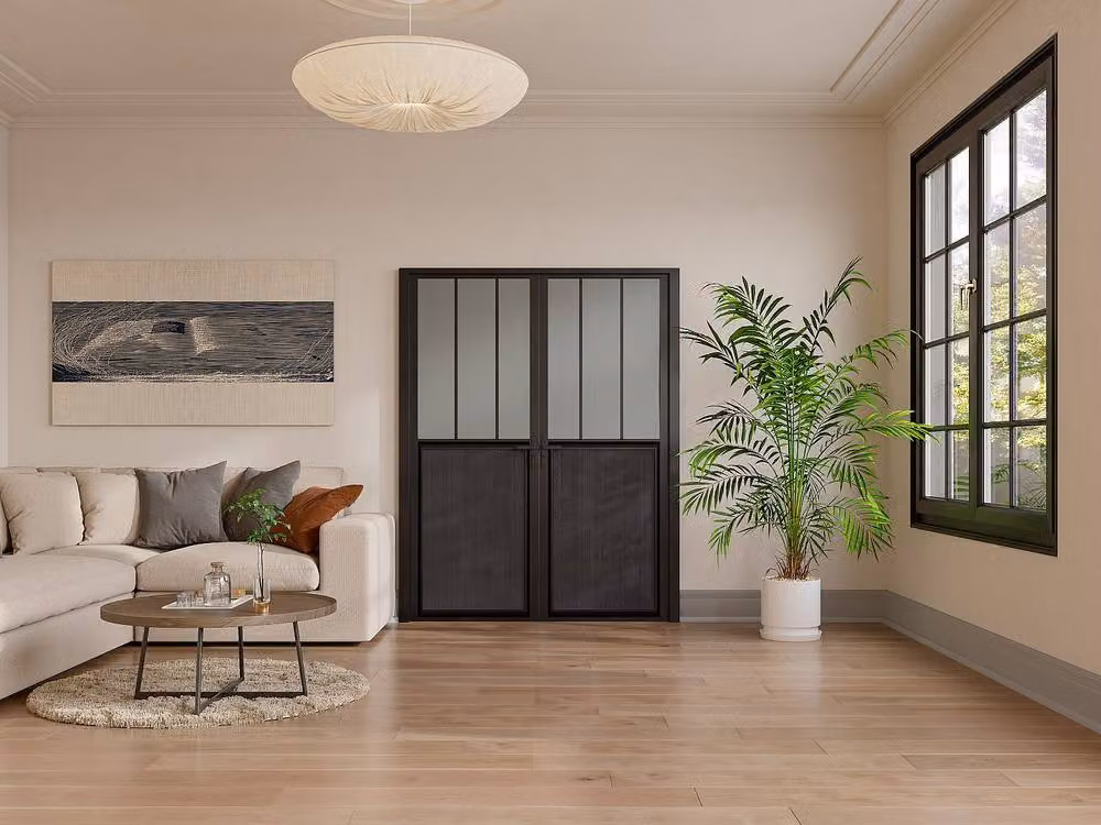 Vente-unique Reversible Double Swing Door Industrial Block in Black Aluminum and Frosted Tempered Glass – 2