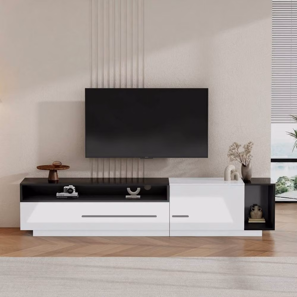 KORVIXA Modern Glossy TV Cabinet Unit in White and Black, W/D/H: 100 x 42 x 42 cm – 3