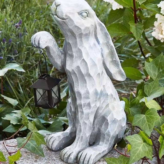 Wyld and Coco Handcrafted Grey Easter Bunny Figurine, Rustic Stone Style Tabletop Decor, Height: 37 cm