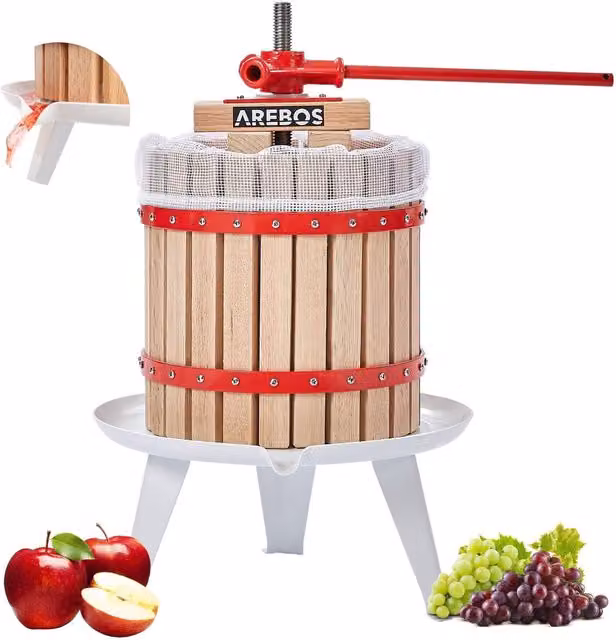 AREBOS Manual Fruit Press Juicer with Press Cloth, Pressure Plate and Metal Spindle, Beige and Red, 12l
