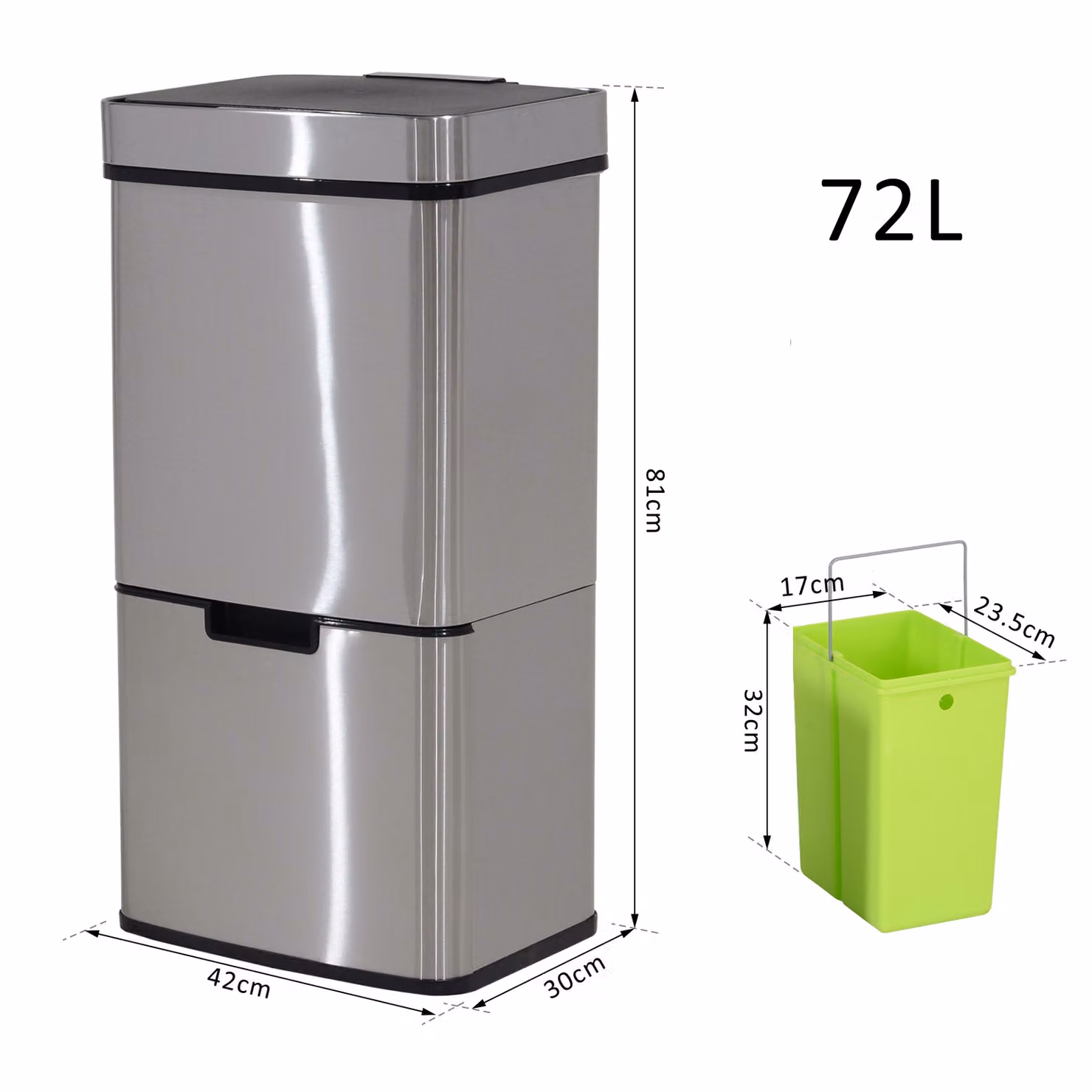 HOMCOM 72L Sensor Recycling Bin in Silver Stainless Steel with 3 Compartments – 2