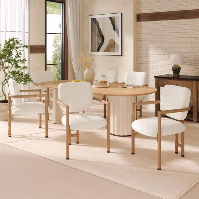 Rolipo Set of 6 Beige Bouclé Dining Chairs with Natural Wood Effect Metal Frame – 1