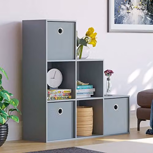 Vida Designs Durham Staircase Bookcase Storage Organiser with 6 Cubes and 3 Grey Baskets, Grey, H 128 x W 76.7 x D 29 cm – 1