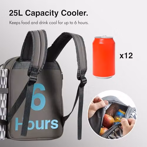 VonShef Grey 2 Person Picnic Backpack with Full Dining Set, Insulated Cooler Compartment and Waterproof Picnic Blanket – 4