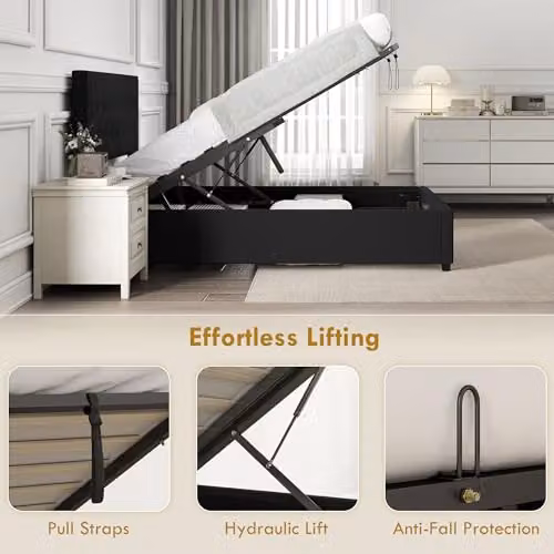 HOMCOM Black Velvet Upholstered Double Ottoman Bed with Lift-Up Storage Base, W: 140 cm, D: 190 cm, H: 95 cm – 5