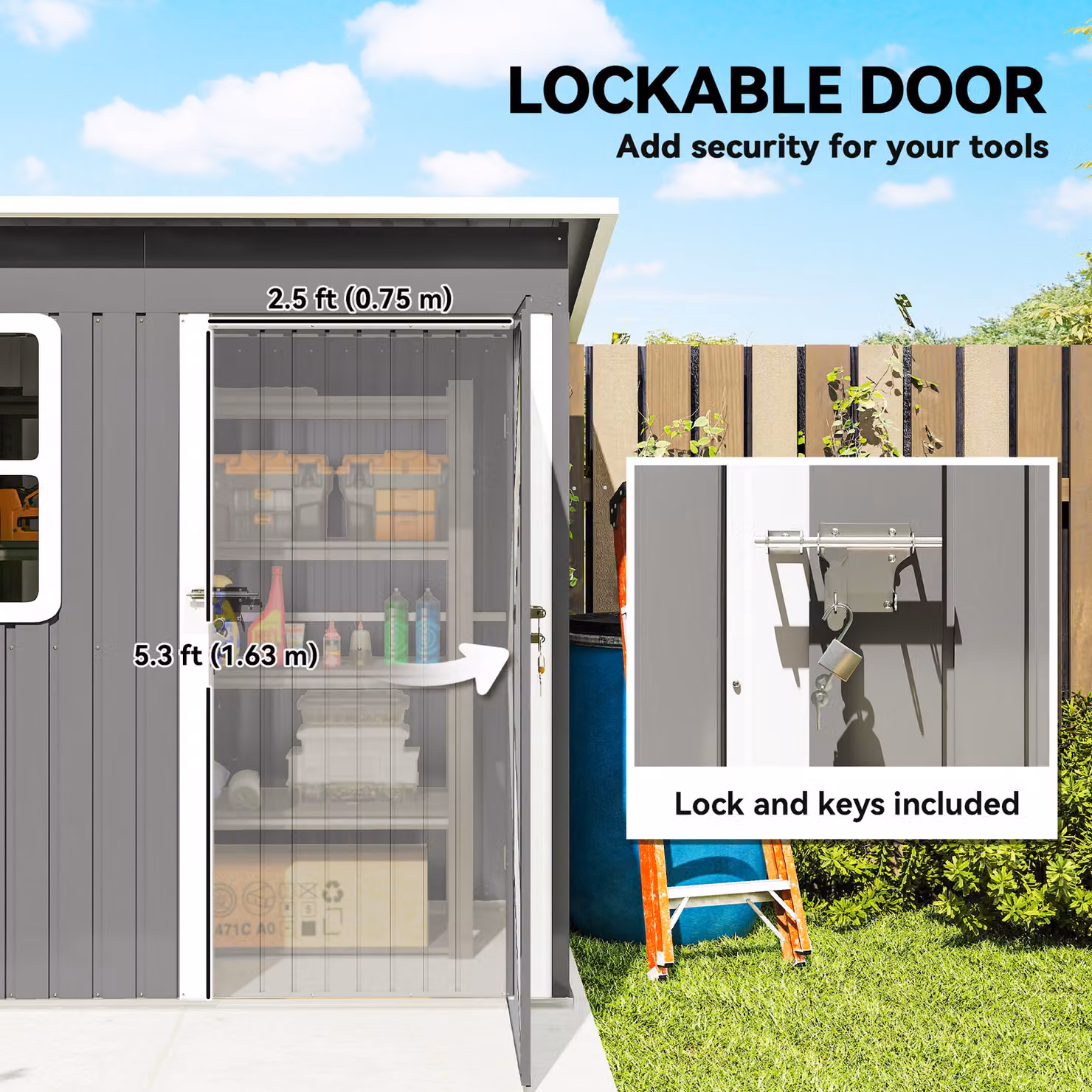 Outsunny Eco-friendly Pent Garden Storage Shed with Galvanised Steel Frame, Window and Lockable Single Door, Dark Grey, W: 213.36 cm, D: 121.92 cm, H: 190.5 cm – 7