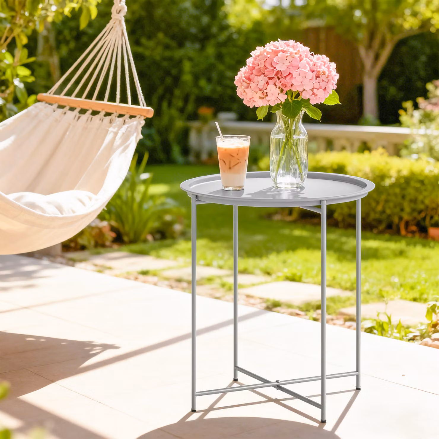 Outsunny Modern Round Garden Table with Removable Tray Top in White Powder Coated Steel – 2