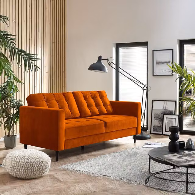 FurnitureboxUK Juno 3-Seater Velvet Sofa in Burnt Orange with Solid Wood Frame