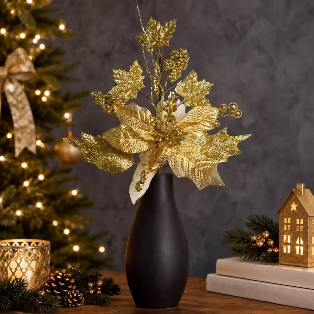 Shatchi Gold Glitter Poinsettia and Berry Christmas Picks, 12 Pack, Height: 46 cm – 2
