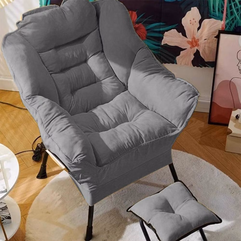 KORVIXA Grey Fabric Lazy Lounge Chair with Matching Ottoman – 2
