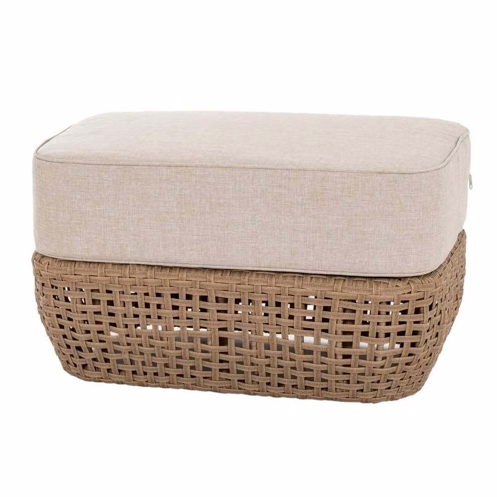 Wyld Haus Sardinia Outdoor Rattan Footstool with Brown Cushion in Beige – 2