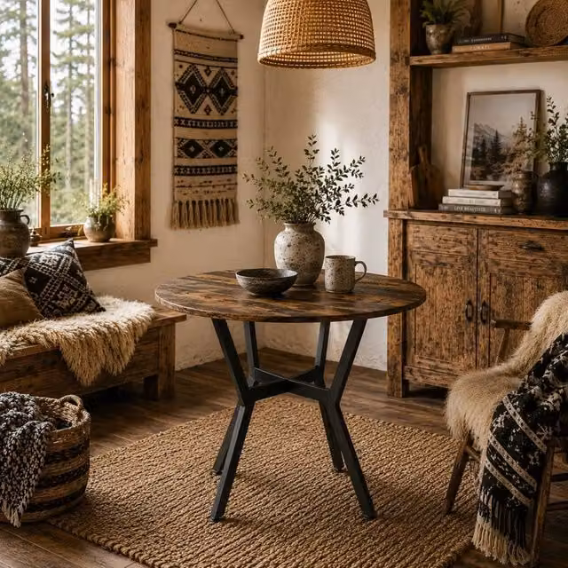 Wyld Haus Molu Round Dining Table in Rustic Brown with Black Metal Legs, Diameter: 90 cm